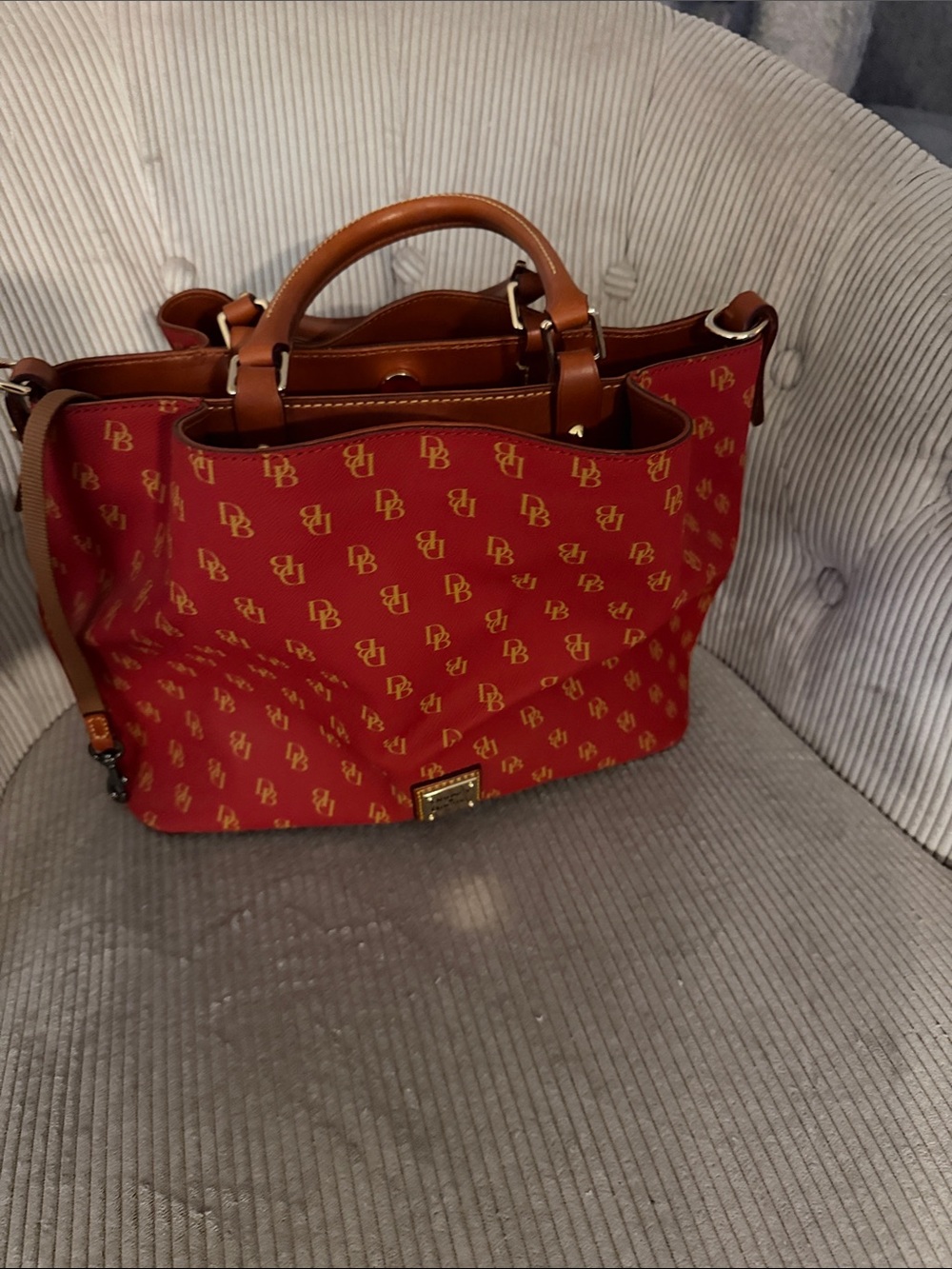 Dooney & Bourke Red Satchel with Tan Handles and Gold Plaque - Picture 2 of 5